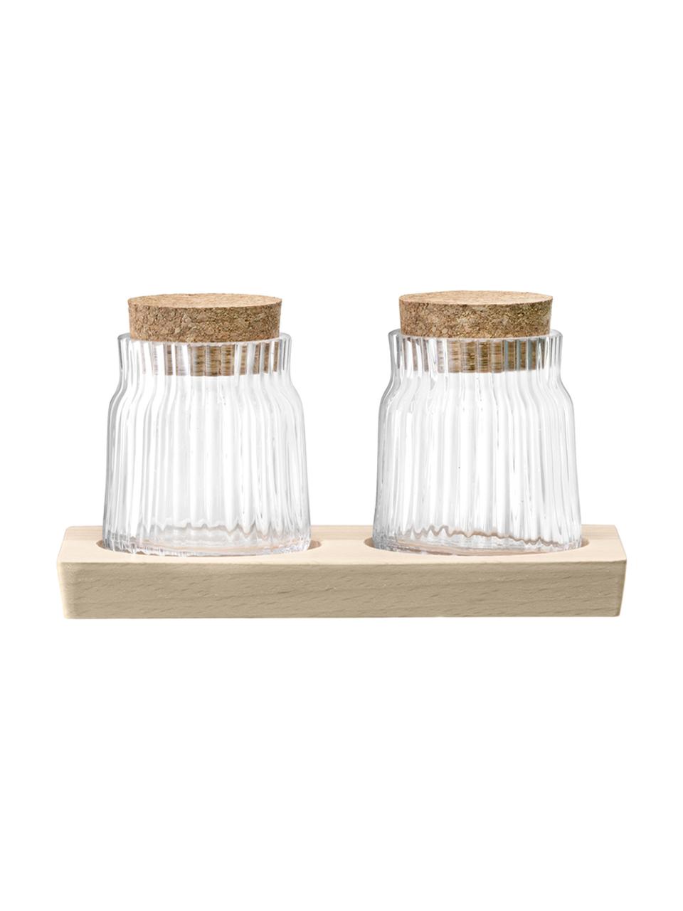 Zout- en peperstrooier-set Gio Line met groefreliëf, 3-delig, Houder: glas, Sluiting: kurk, Dienblad: beukenhout, Transparant, kurkkleurig, 16 x 9 cm