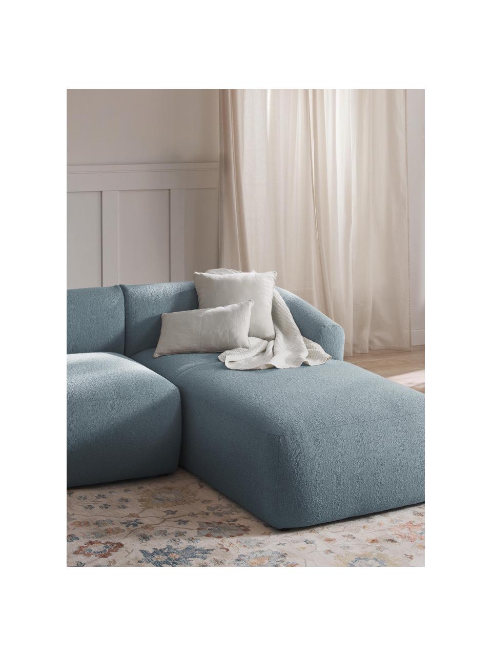 Chaise longue hoekmodule Sofia uit bouclé, Bekleding: bouclé (100% polyester) M, Frame: sparrenhout, spaanplaat, , Poten: kunststof Dit product is , Bouclé blauw, B 185 x D 92 cm, hoekdeel rechts