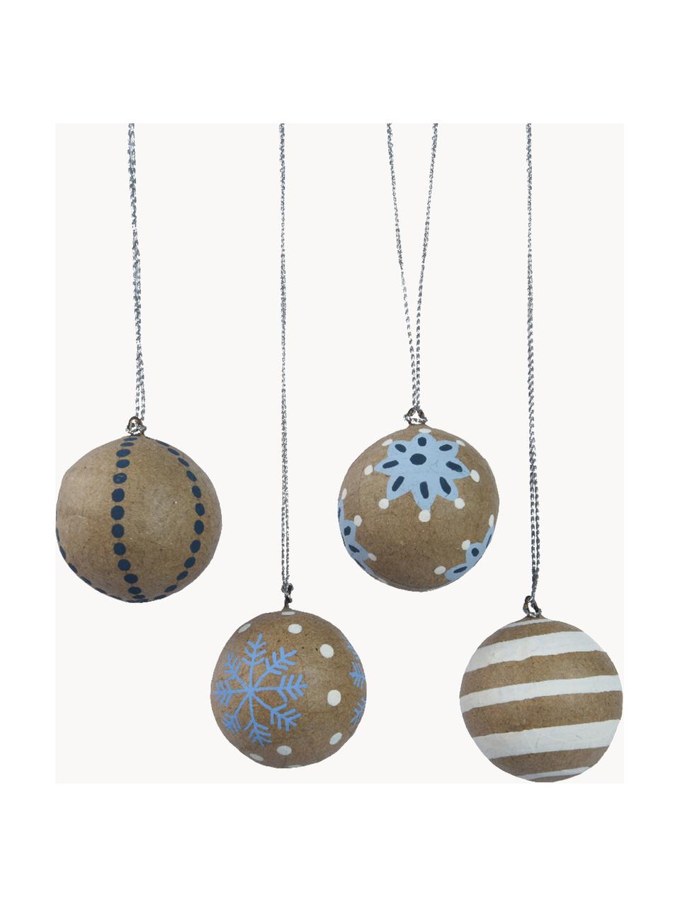 Set de bola de Navidad Moody, 4 uds., Tejido de papel, Marrón, blanco, azul, Ø 3 cm