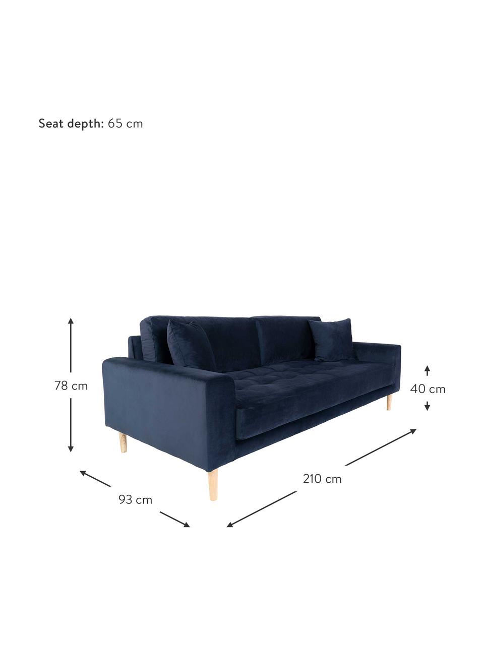 Divano a 3 posti in velluto blu scuro Lido, Rivestimento: velluto di poliestere 30., Sottostruttura: legno di quercia, Piedini: legno di abete, Blu scuro, Larg. 210 x Alt. 93 cm