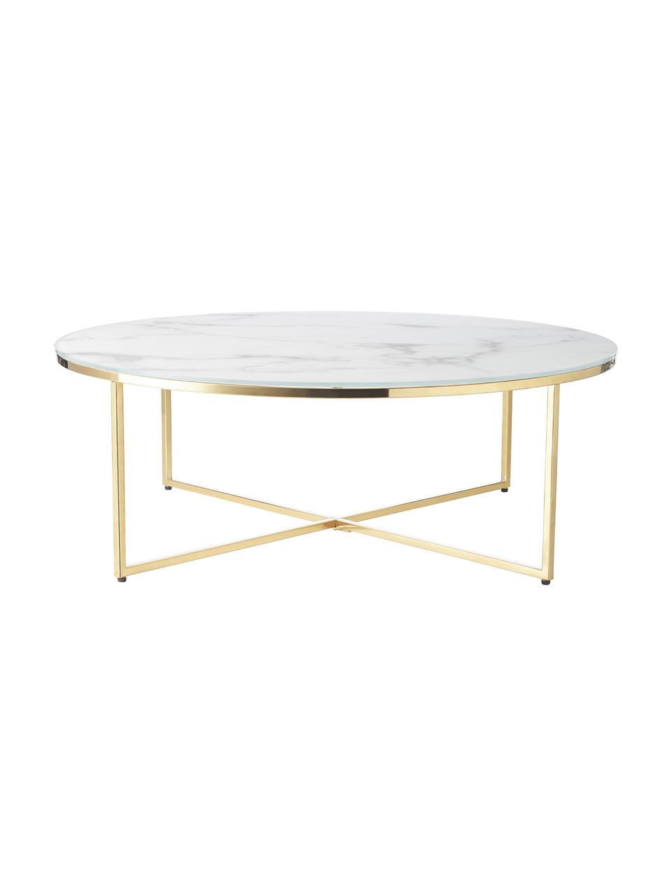 Kulatý konferenční XL stolek se skleněnou deskou v mramorovém vzhledu Antigua, Bílá v mramorovém vzhledu, zlatá, Ø 100 cm