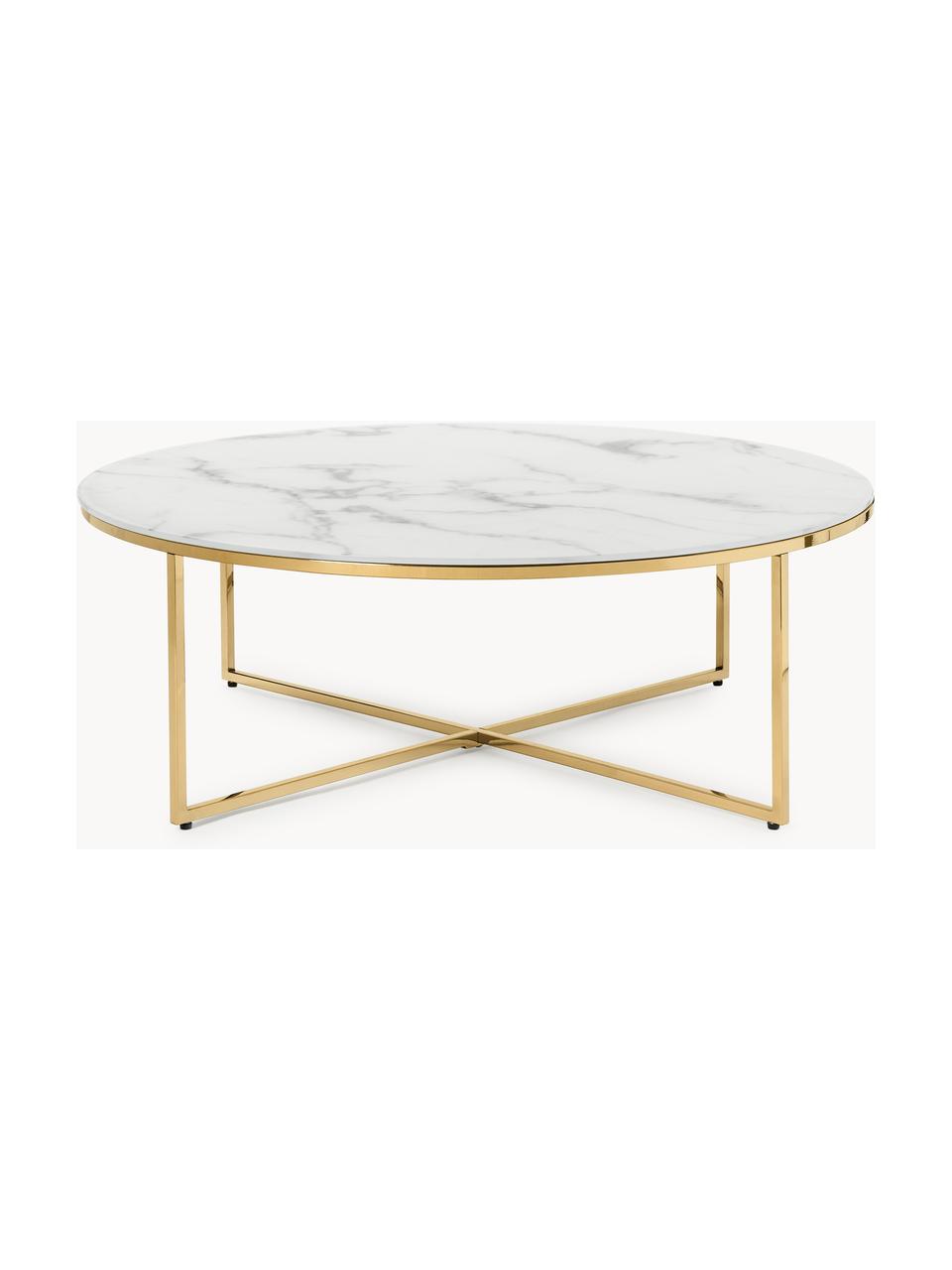 Ronde XL-salontafel Antigua met glazen tafelblad in marmerlook, Tafelblad: glas, mat bedrukt, Frame: vermessingd metaal, Marmerlook wit, goudkleurig, Ø 100 cm