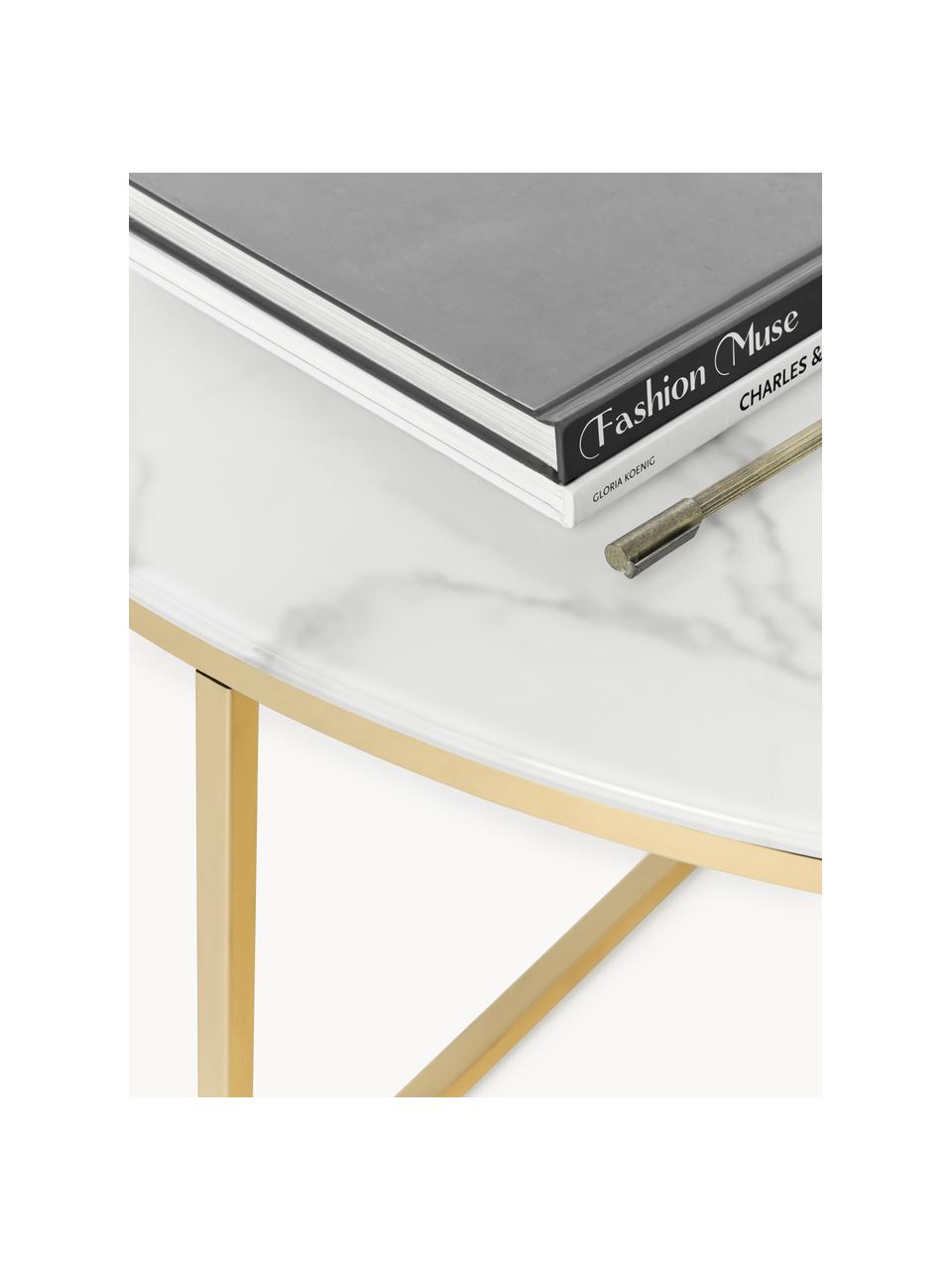 Ronde XL-salontafel Antigua met glazen tafelblad in marmerlook, Tafelblad: glas, mat bedrukt, Frame: vermessingd metaal, Marmerlook wit, goudkleurig, Ø 100 cm