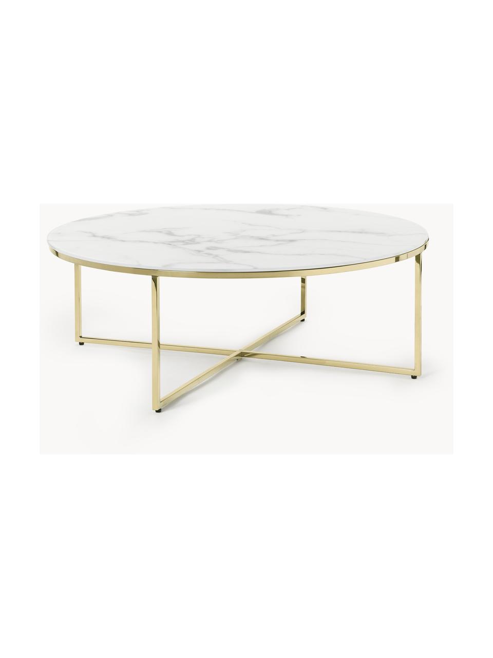 Kulatý konferenční XL stolek se skleněnou deskou v mramorovém vzhledu Antigua, Bílá v mramorovém vzhledu, lesklá zlatá, Ø 100 cm