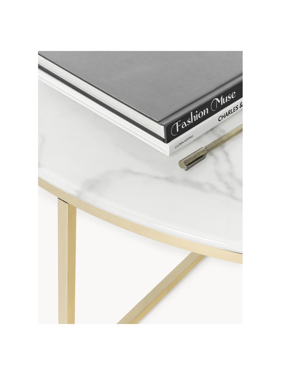 Kulatý konferenční XL stolek se skleněnou deskou v mramorovém vzhledu Antigua, Bílá v mramorovém vzhledu, lesklá zlatá, Ø 100 cm