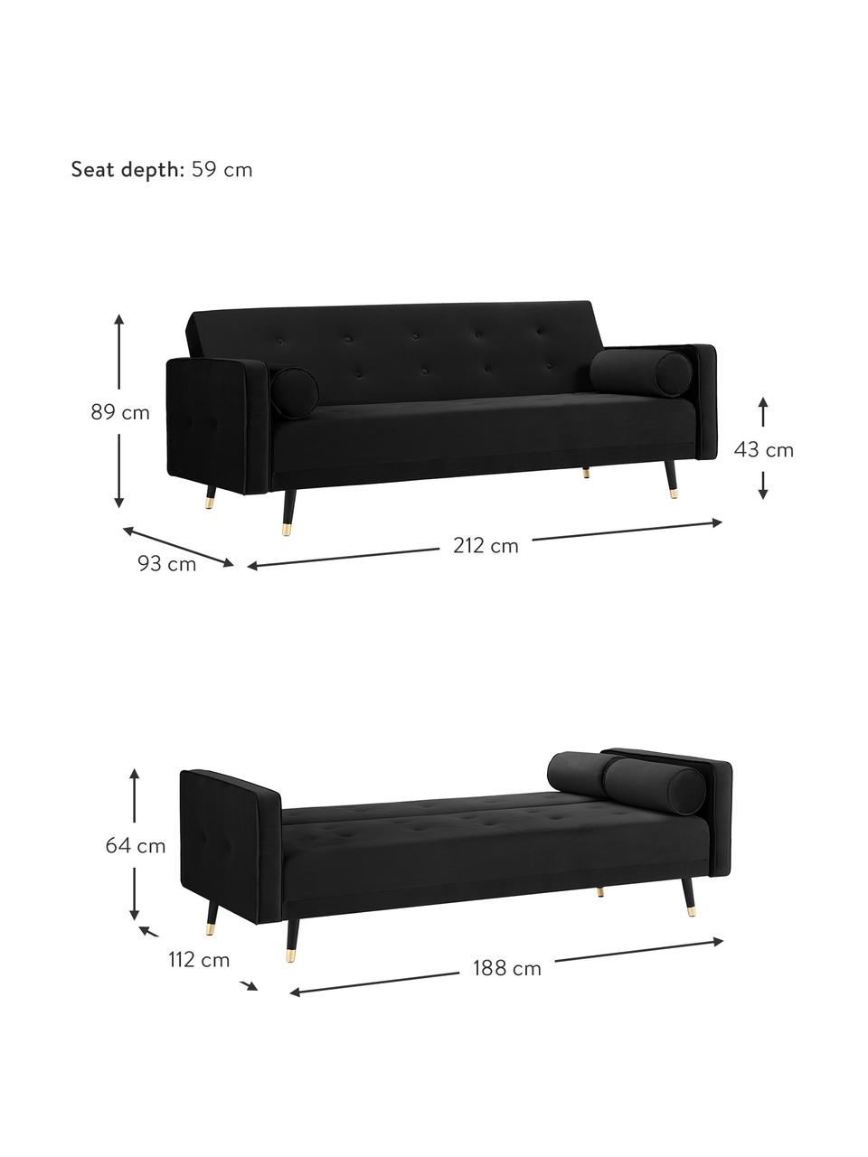 Sofá cama de terciopelo Gia (3 plazas), Tapizado: terciopelo de poliéster, Estructura: madera de pino maciza, Patas: madera de haya pintada, Negro, An 212 x F 93 cm