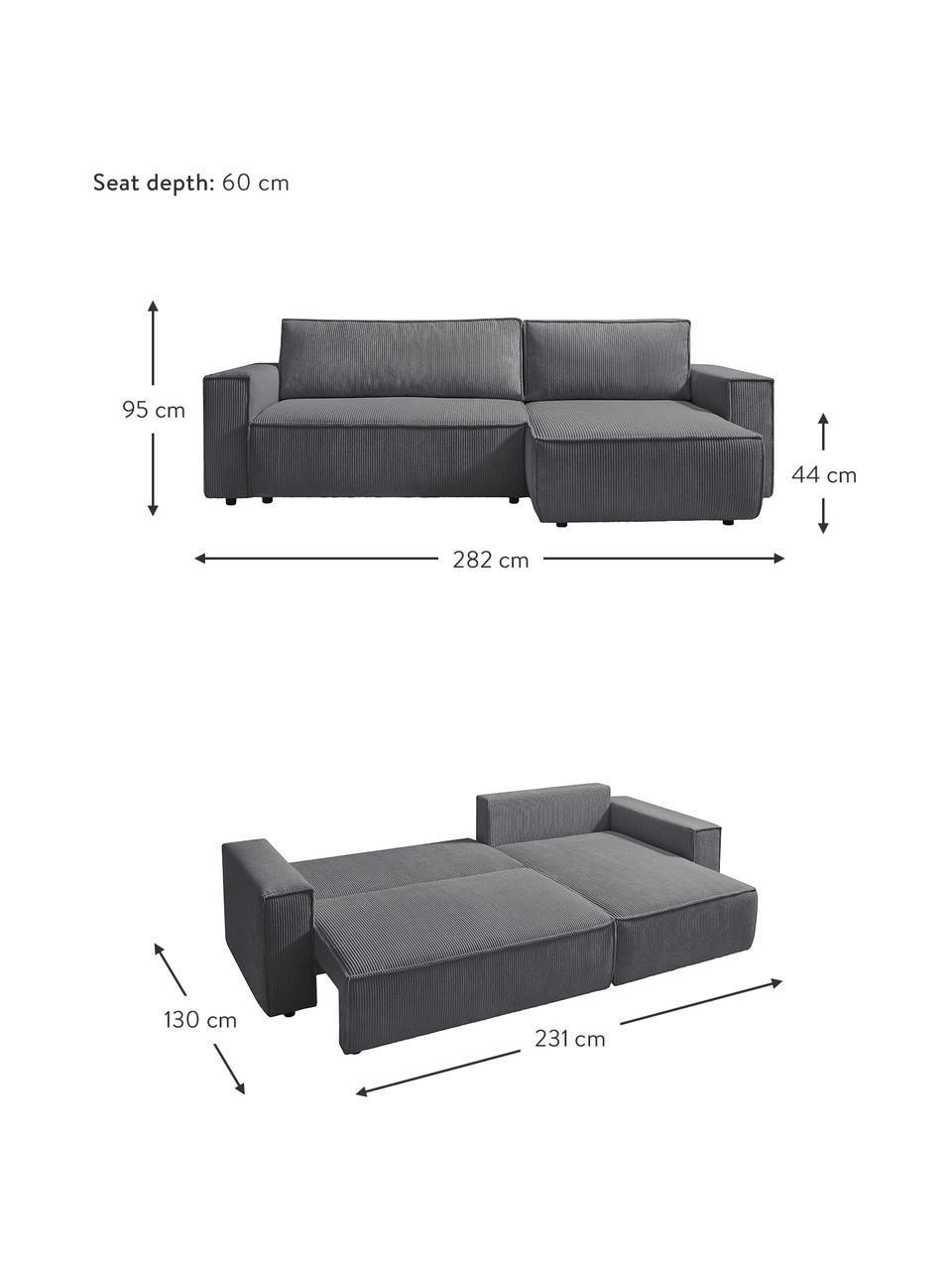 Sofa narożna ze sztruksu z funkcją spania i miejscem do przechowywania Nihad, Tapicerka: sztruks poliestrowy, Nogi: tworzywo sztuczne, Ciemny szary, S 282 x G 153 cm