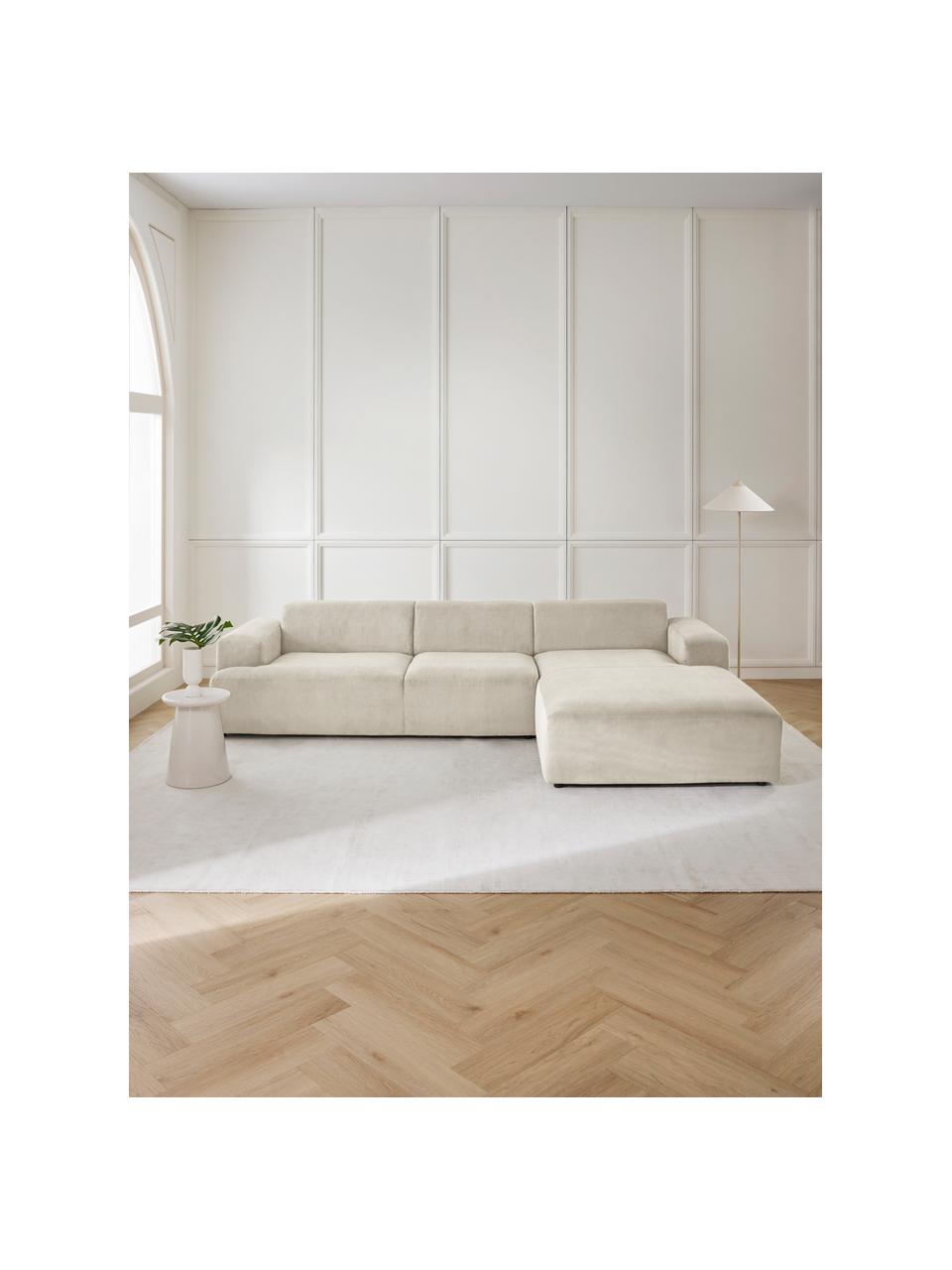 Cord-Ecksofa Melva (4-Sitzer), Bezug: Cord (92% Polyester, 8% P, Gestell: Massives Kiefernholz, Spa, Füße: Kunststoff Dieses Produkt, Cord Hellbeige, B 319 x T 195 cm, Eckteil links