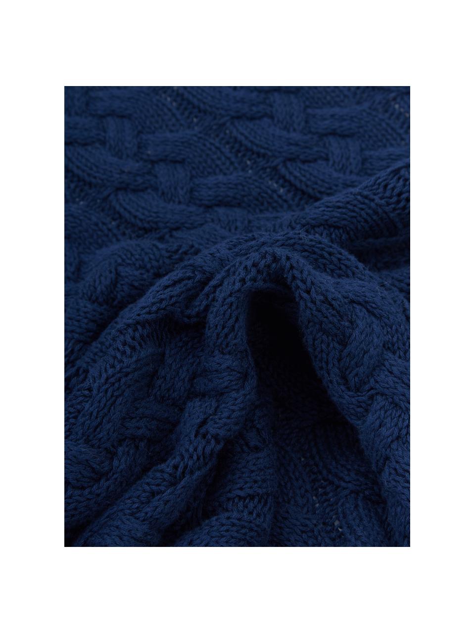 Plaid fatto a maglia con motivo a trecce Caleb, 100% cotone, Blu, Larg. 130 x Lung. 170 cm