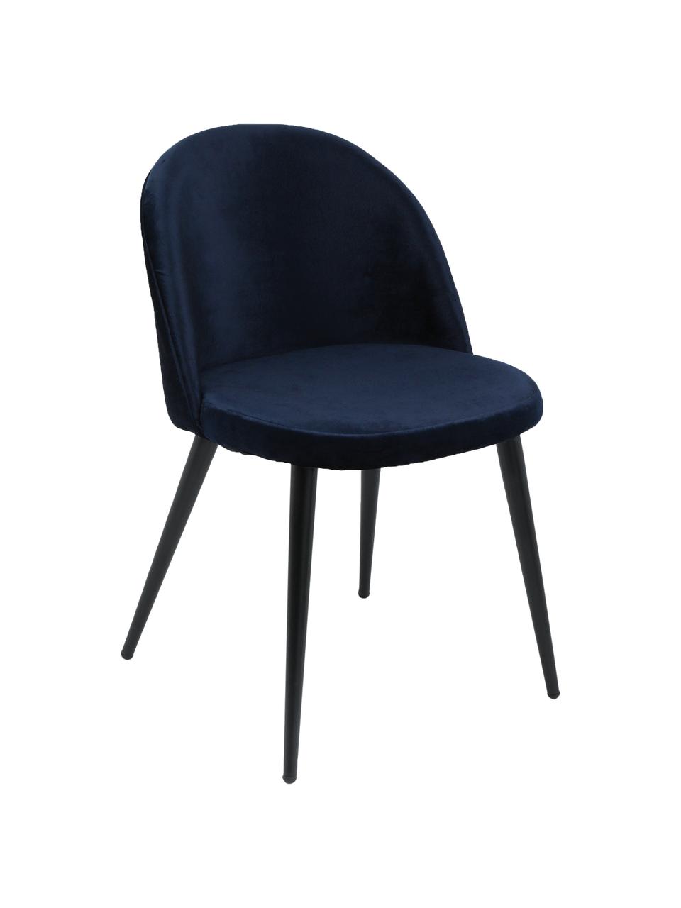 Fluweel gestoffeerde stoelen Amy, 2 stuks, Bekleding: fluweel (100% polyester), Poten: gepoedercoat metaal, Bekleding: marineblauw. Poten: zwart, B 47 x D 55 cm