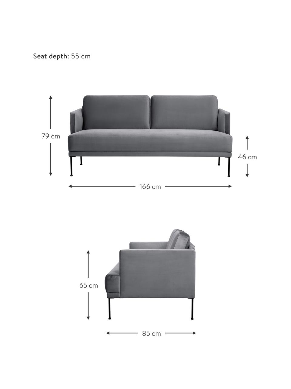 Zamatová pohovka s kovovými nohami Fluente (2-miestna), Zamatová tmavosivá, Š 166 x H 85 cm