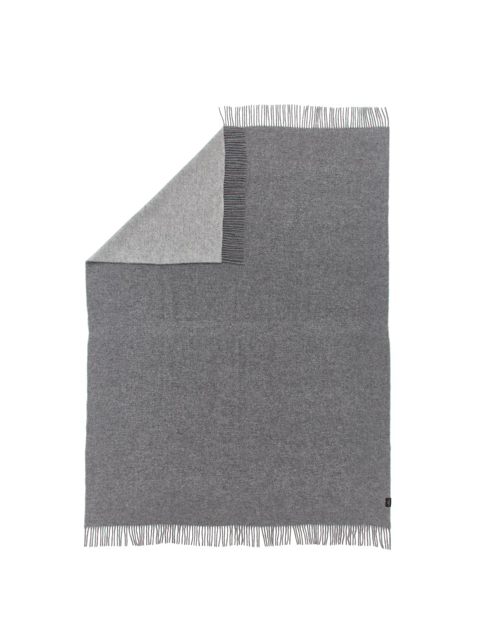 Plaid en laine gris foncé et clair à franges, réversible Tirol, Gris, gris clair, larg. 140 x long. 200 cm