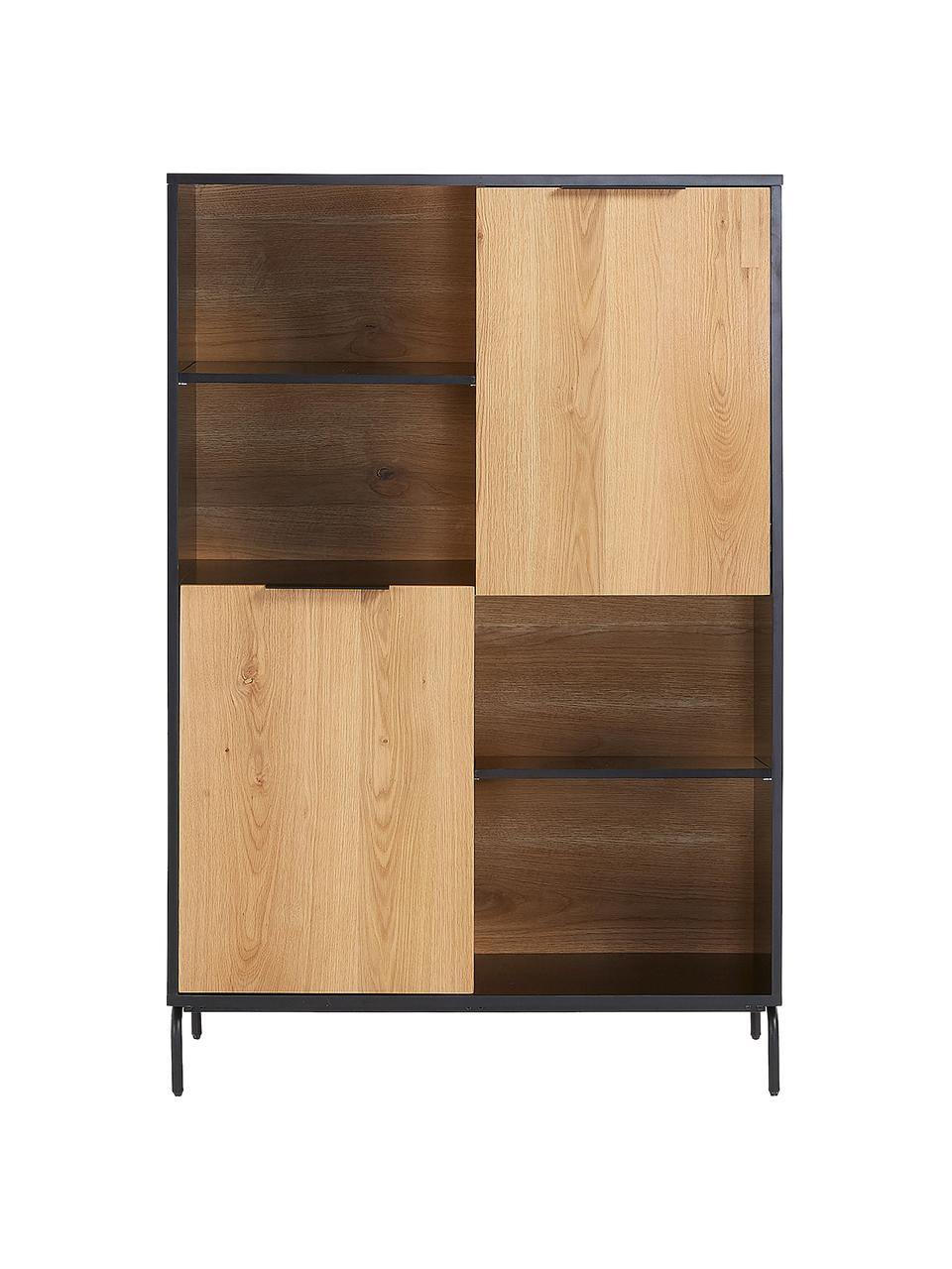 Credenza alta con finitura in rovere Stellar, Piedini: metallo rivestito, Nero, legno di quercia, Larg. 100 x Alt. 150 cm