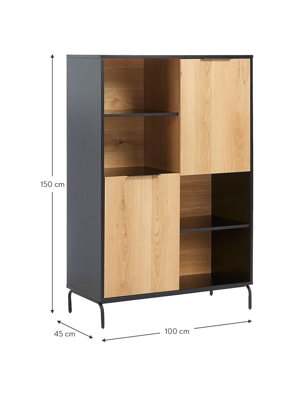 Highboard Stellar mit Türen aus Eichenholzfurnier, Korpus: Mitteldichte Holzfaserpla, Front: Mitteldichte Holzfaserpla, Füße: Metall, beschichtet, Schwarz, Eichenholz, 100 x 150 cm