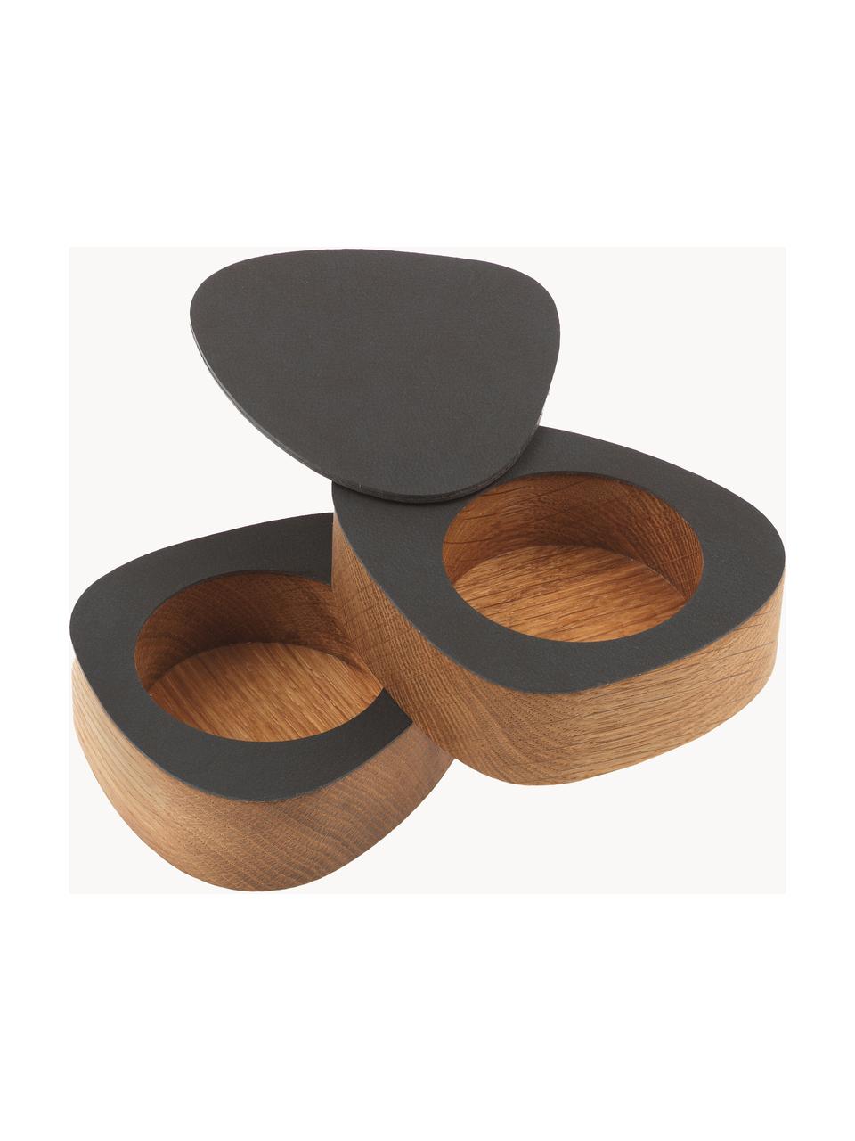 Set ciotole sale e pepe in legno di quercia e pelle Curve, Coperchio: pelle, gomma naturale, Legno di quercia, nero, Larg. 10 x Alt. 6 cm