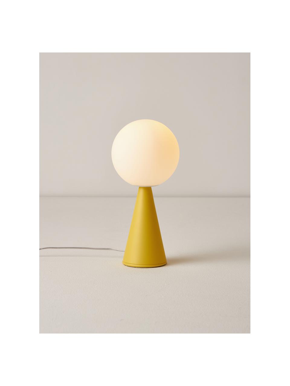 Kleine tafellamp Bilia, handgemaakt, Lampenkap: glas, Wit, citroengeel, Ø 12 x H 26 cm