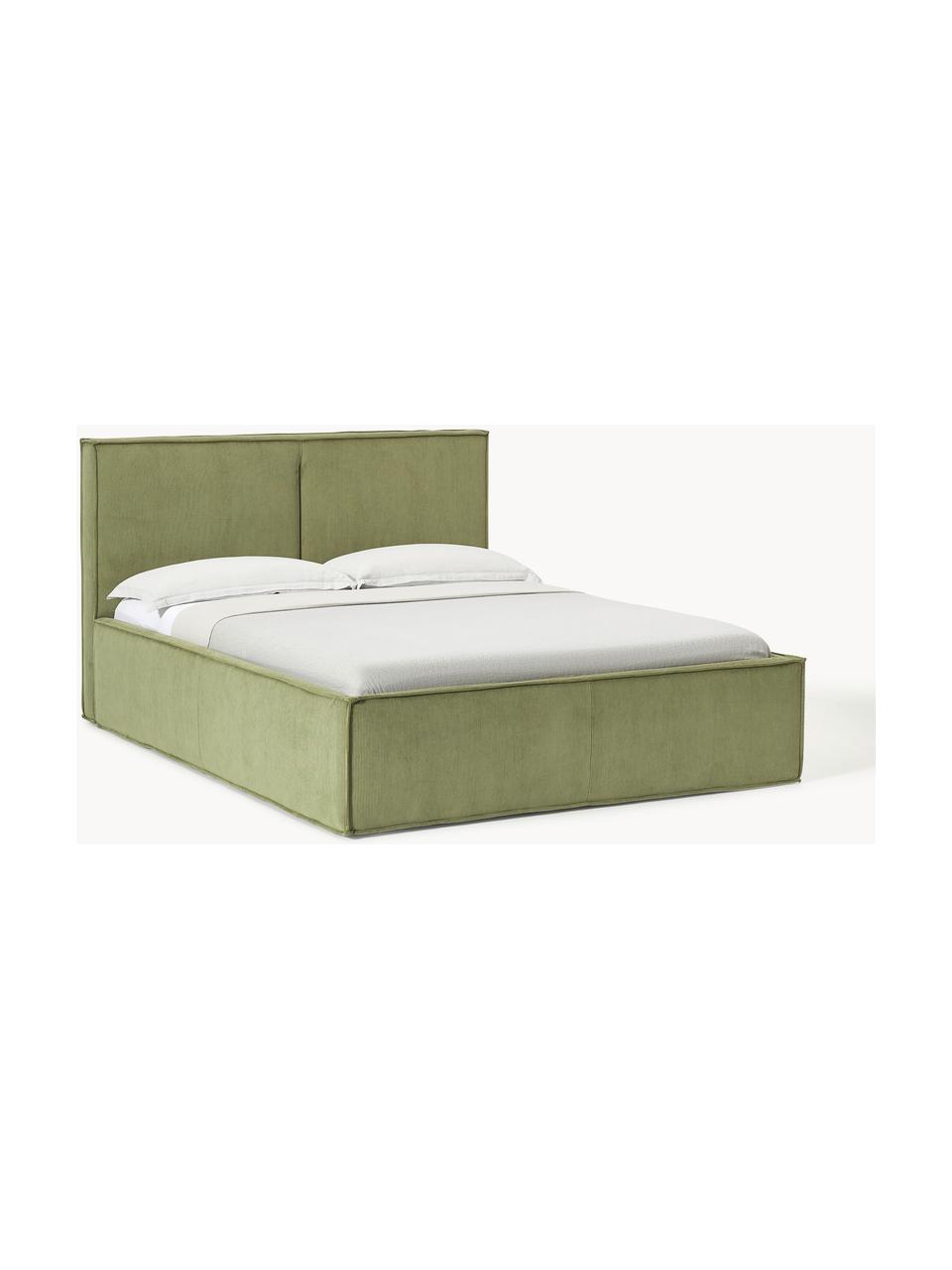 Letto imbottito in velluto a coste con vano contenitore Dream, Rivestimento: velluto a coste (92% poli, Piedini: legno di betulla Questo p, Velluto a coste verde oliva, Larg. 140 x Lung. 200 cm