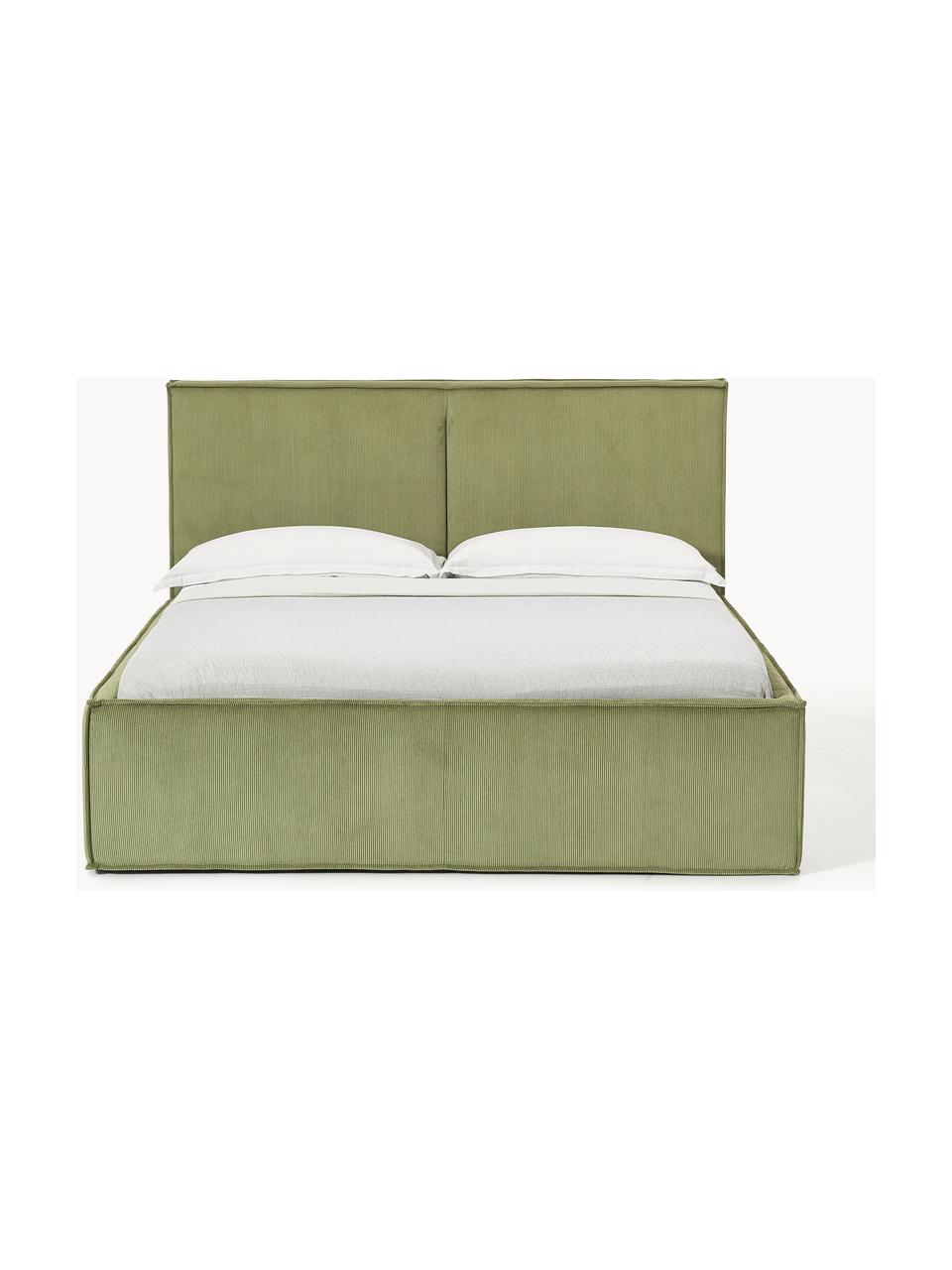 Cama tapizada de pana con espacio de almacenaje Dream, Tapizado: pana (92% poliéster, 8% p, Cuerpo: madera de abeto, aglomera, Patas: madera de abedul Este pro, Pana verde oliva, An 140 x L 200 cm