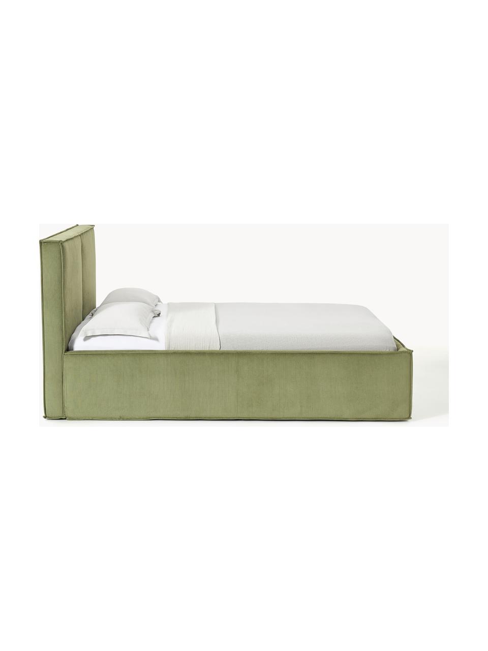 Cama tapizada de pana con espacio de almacenaje Dream, Tapizado: pana (92% poliéster, 8% p, Cuerpo: madera de abeto, aglomera, Patas: madera de abedul Este pro, Pana verde oliva, An 140 x L 200 cm