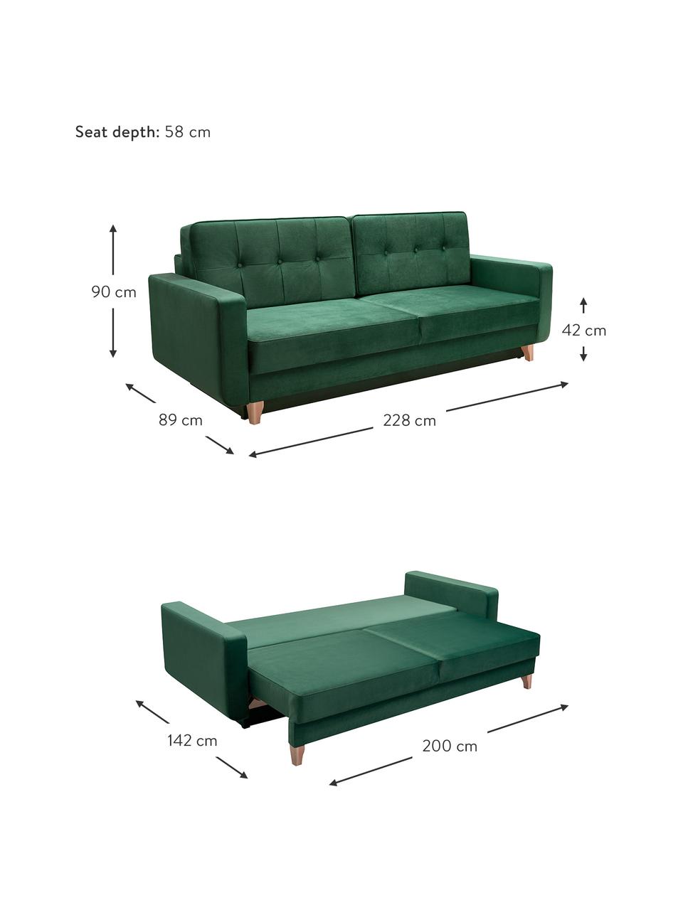 Divano letto 2 posti in tessuto verde con contenitore Tokio, Rivestimento: 100% poliestere, Verde, Larg. 228 x Prof. 89 cm