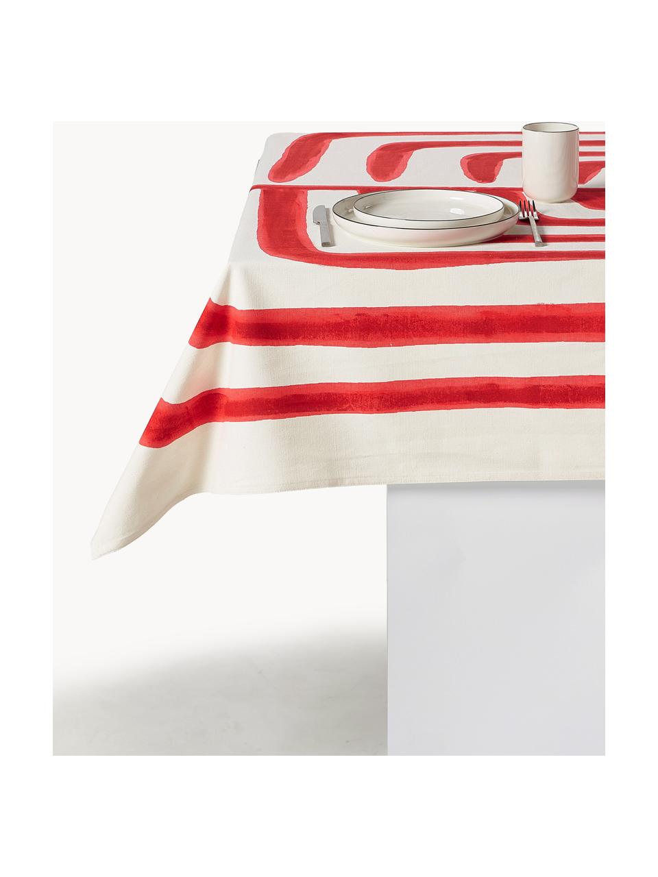 Nappe en coton Nizar, 100% coton, Blanc cassé, rouge corail, 4-6 personnes (long. 150 x larg. 250 cm)