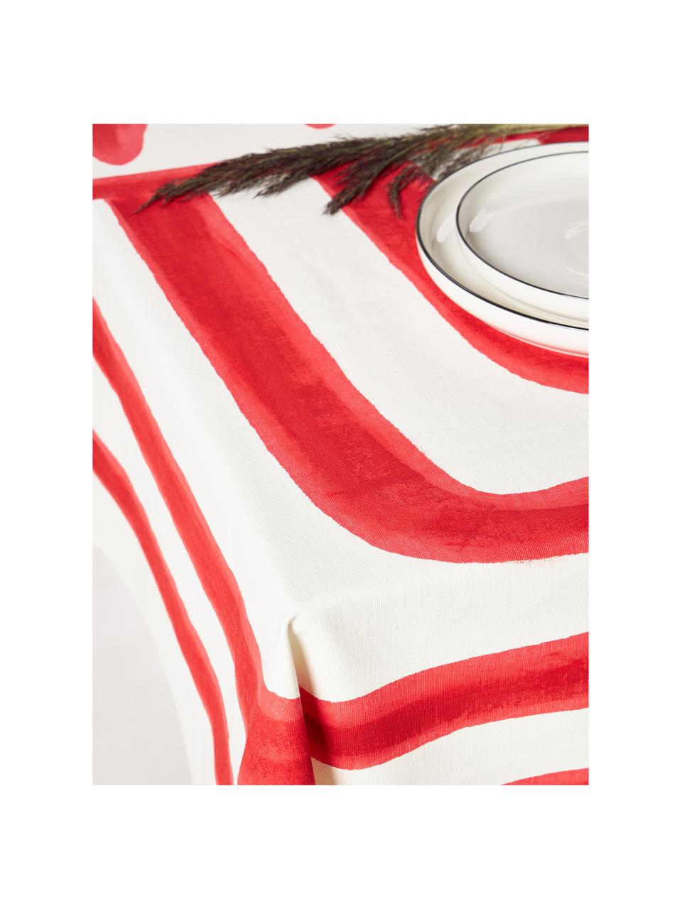 Nappe en coton Nizar, 100% coton, Blanc cassé, rouge corail, 4-6 personnes (long. 150 x larg. 250 cm)