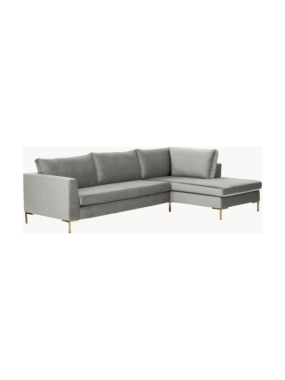 Sofa narożna z aksamitu Luna, Tapicerka: aksamit (100% poliester) , Stelaż: lite drewno bukowe, sklej, Nogi: metal galwanizowany, Szary aksamit, S 280 x G 184 cm, lewostronna