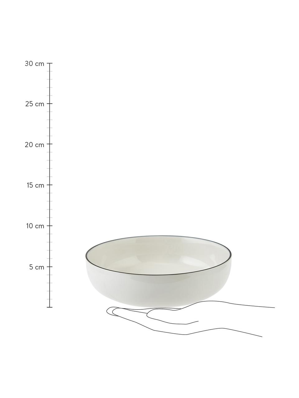Platos hondos pequeños de porcelana Facile, 2 uds., Porcelana dura de alta calidad (aprox. 50% caolín, 25% cuarzo y 25% feldespato), Blanco crema con borde negro, Ø 18 x Al 6 cm