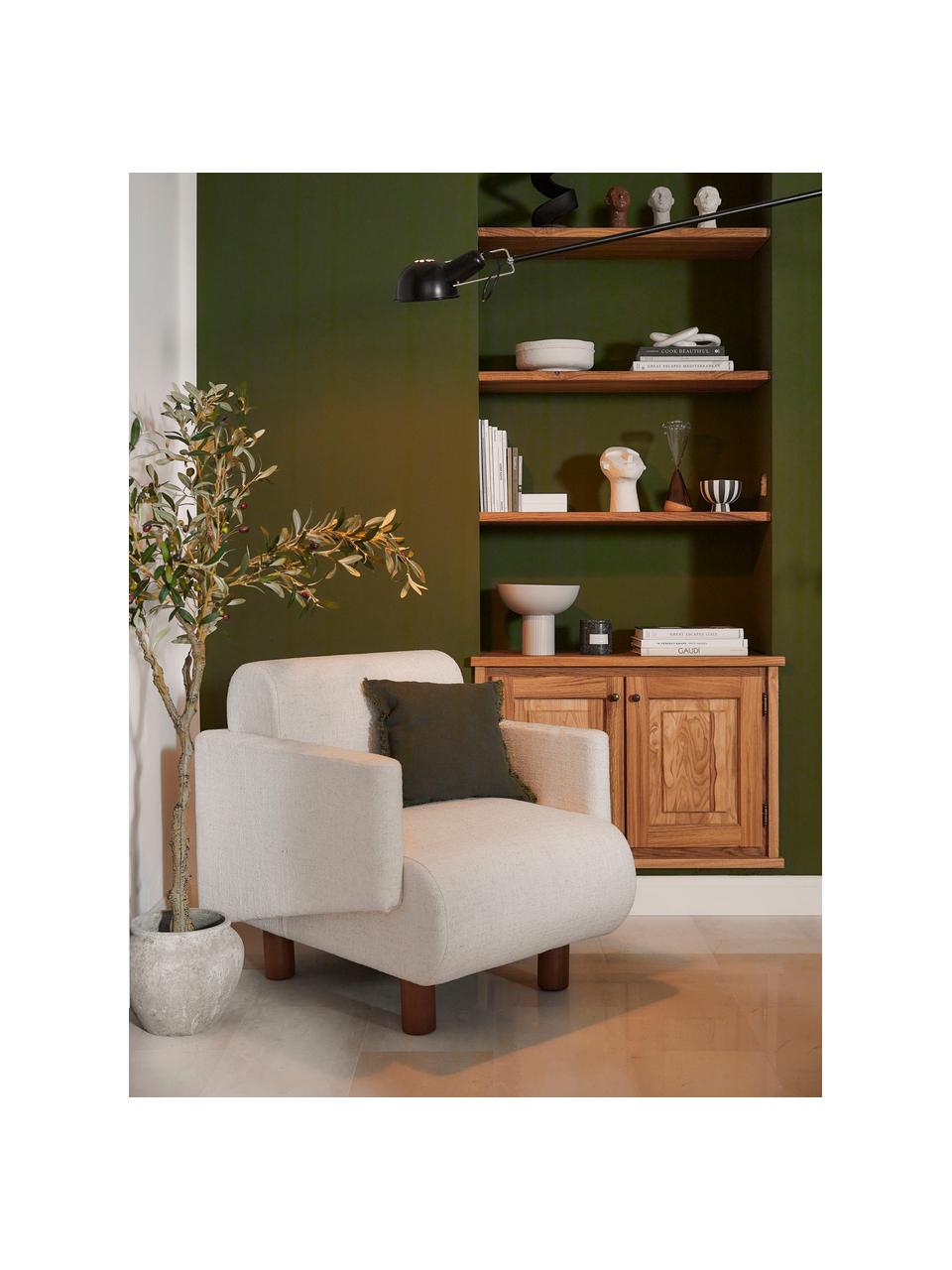 Fauteuil lounge blanc crème pieds en bois Coco, Tissu bouclé blanc crème, larg. 92 x prof. 79 cm