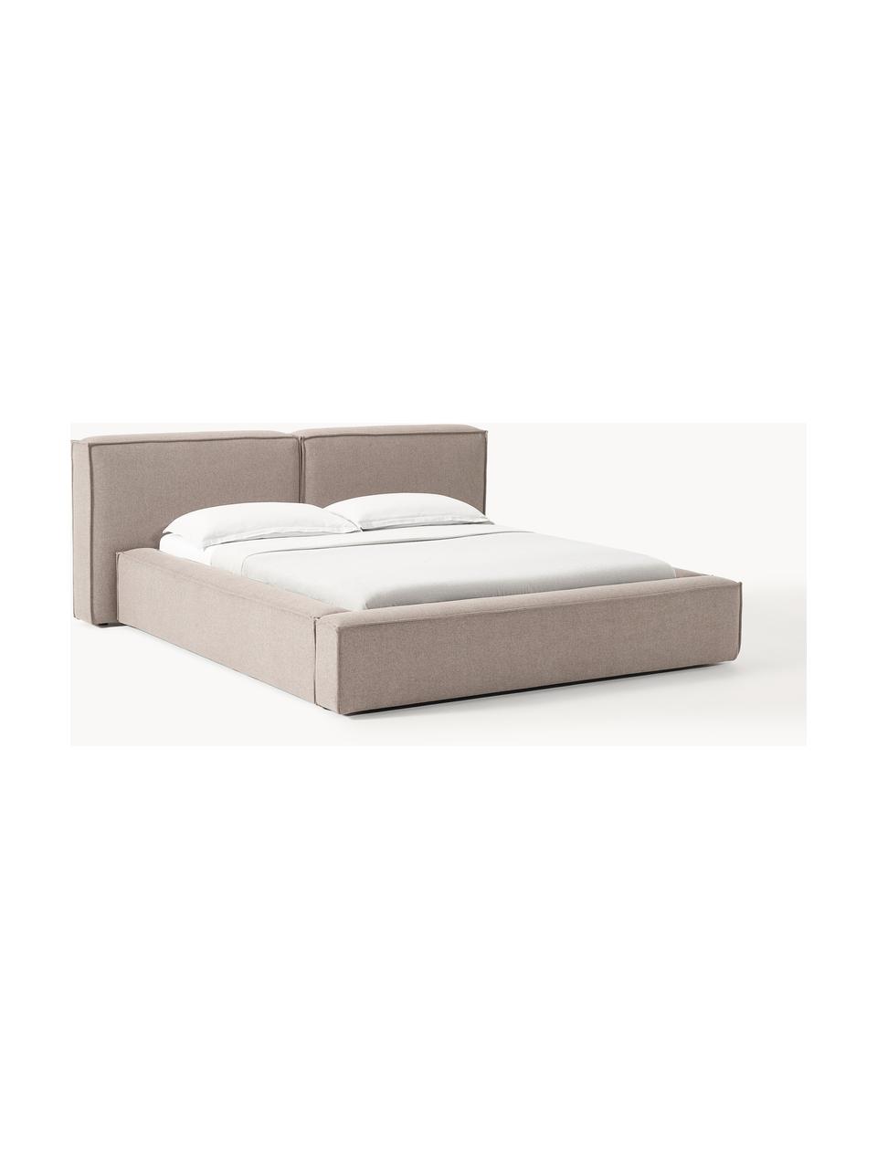 Letto imbottito con contenitore Lennon, Rivestimento: 100% poliestere Il rivest, Struttura: legno di pino massiccio, , Piedini: legno, plastica Questo pr, Tessuto taupe, Larg. 248 x Lung. 243 cm (superfice 180 x 200 cm)