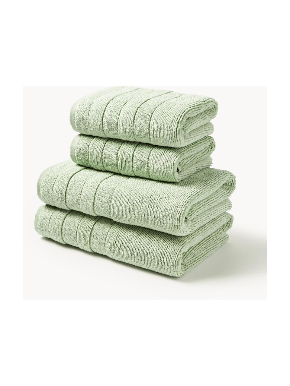 Lot de serviettes de bain avec bordure décorative Luxe, set de tailles variées, Vert sauge, 3 éléments (1 serviette invité, 1 serviette de toilette et 1 drap de bain)