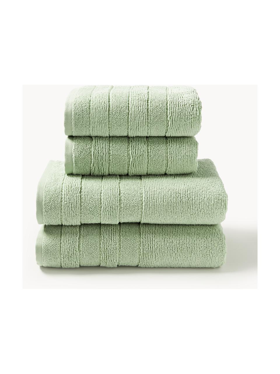 Lot de serviettes de bain avec bordure décorative Luxe, set de tailles variées, Vert sauge, 3 éléments (1 serviette invité, 1 serviette de toilette et 1 drap de bain)