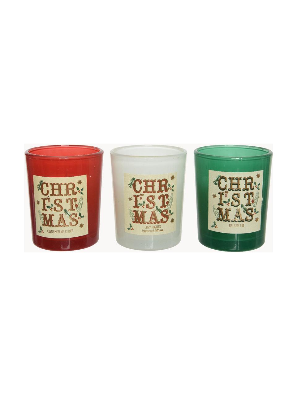 Komplet świec zapachowych Christmas, 3 elem. (cynamon, goździki, igły jodłowe, szampan), Wosk, Zielony, czerwony, biały, Ø 6 x W 7 cm