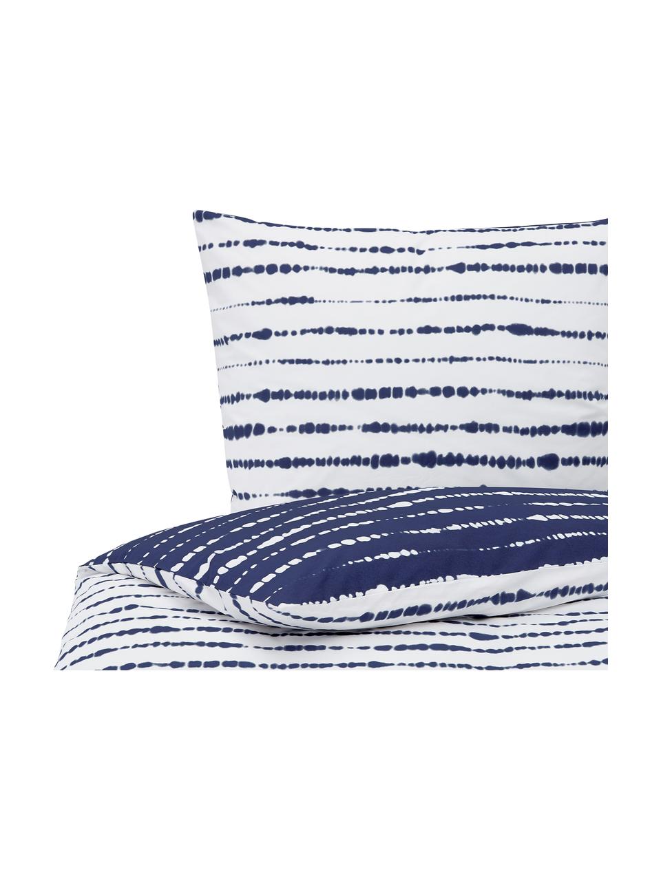 Dwustronna pościel z organicznego perkalu z wzorem tie-dye Remi, Niebieski, biały, 135 x 200 cm + 1 poduszka 80 x 80 cm