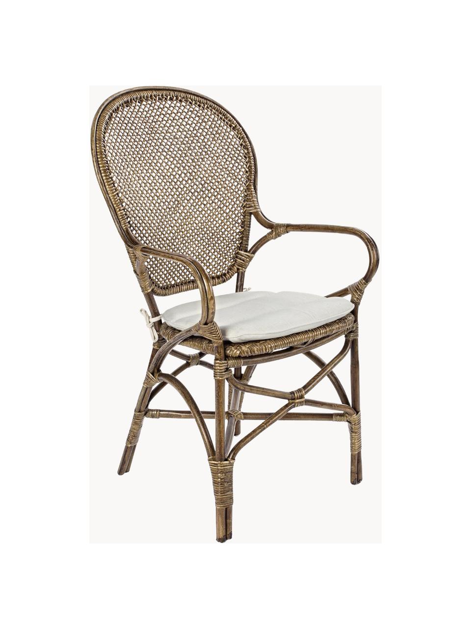 Sedia con braccioli Miel, Struttura: legno di rattan laccato, Seduta: cotone, Cotone bianco, rattan, Larg. 55 x Alt. 96 cm