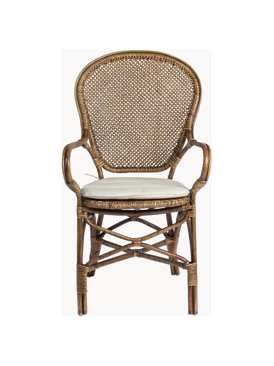 Sedia con braccioli Miel, Struttura: legno di rattan laccato, Seduta: cotone, Cotone bianco, rattan, Larg. 55 x Alt. 96 cm