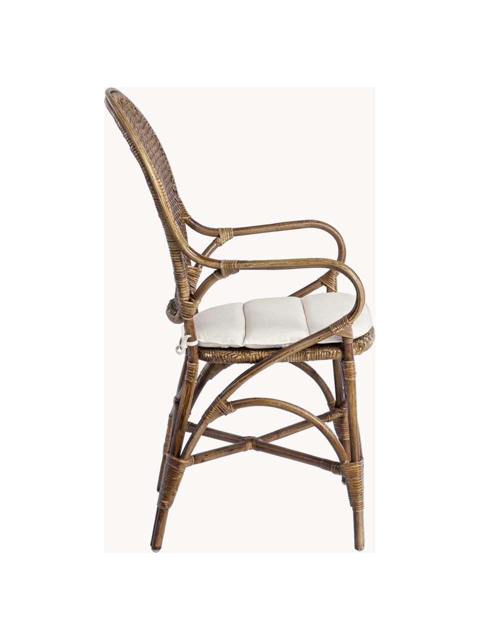 Sedia con braccioli Miel, Struttura: legno di rattan laccato, Seduta: cotone, Cotone bianco, rattan, Larg. 55 x Alt. 96 cm
