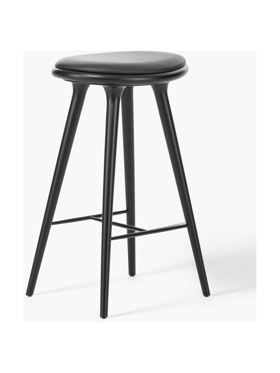 Barkruk High Stool van beukenhout en leer, Poten: beukenhout gebeitst, Zitvlak: leer, Beukenhout zwart gelakt, leer zwart, B 45 x H 69 cm