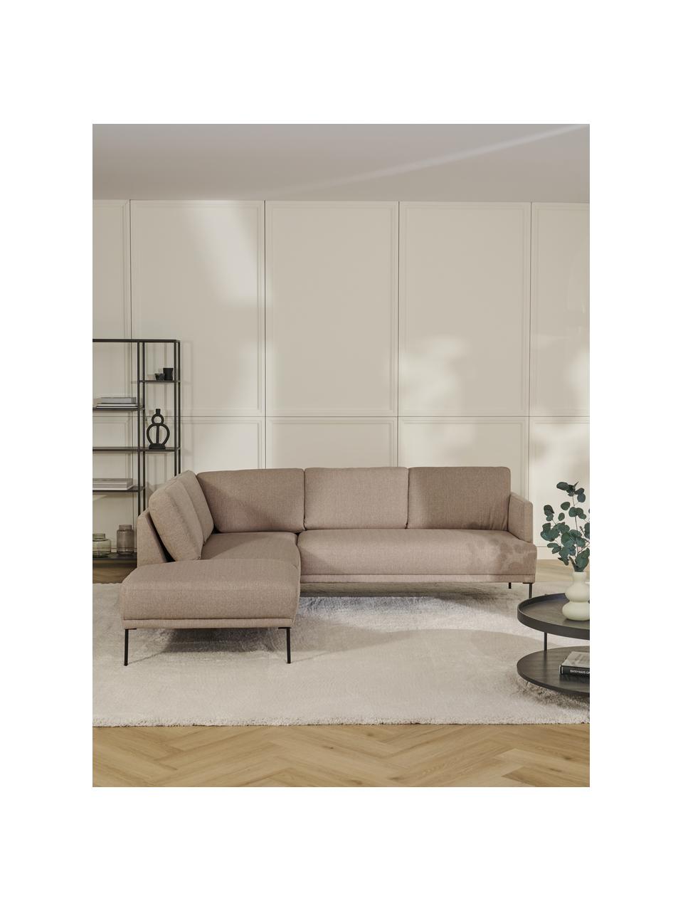 Hoekbank Fluente met metalen poten, Bekleding: 100% polyester., Frame: massief grenenhout, FSC®-, Poten: gepoedercoat metaal., Geweven stof taupe, B 221 x D 200 cm, hoekdeel links