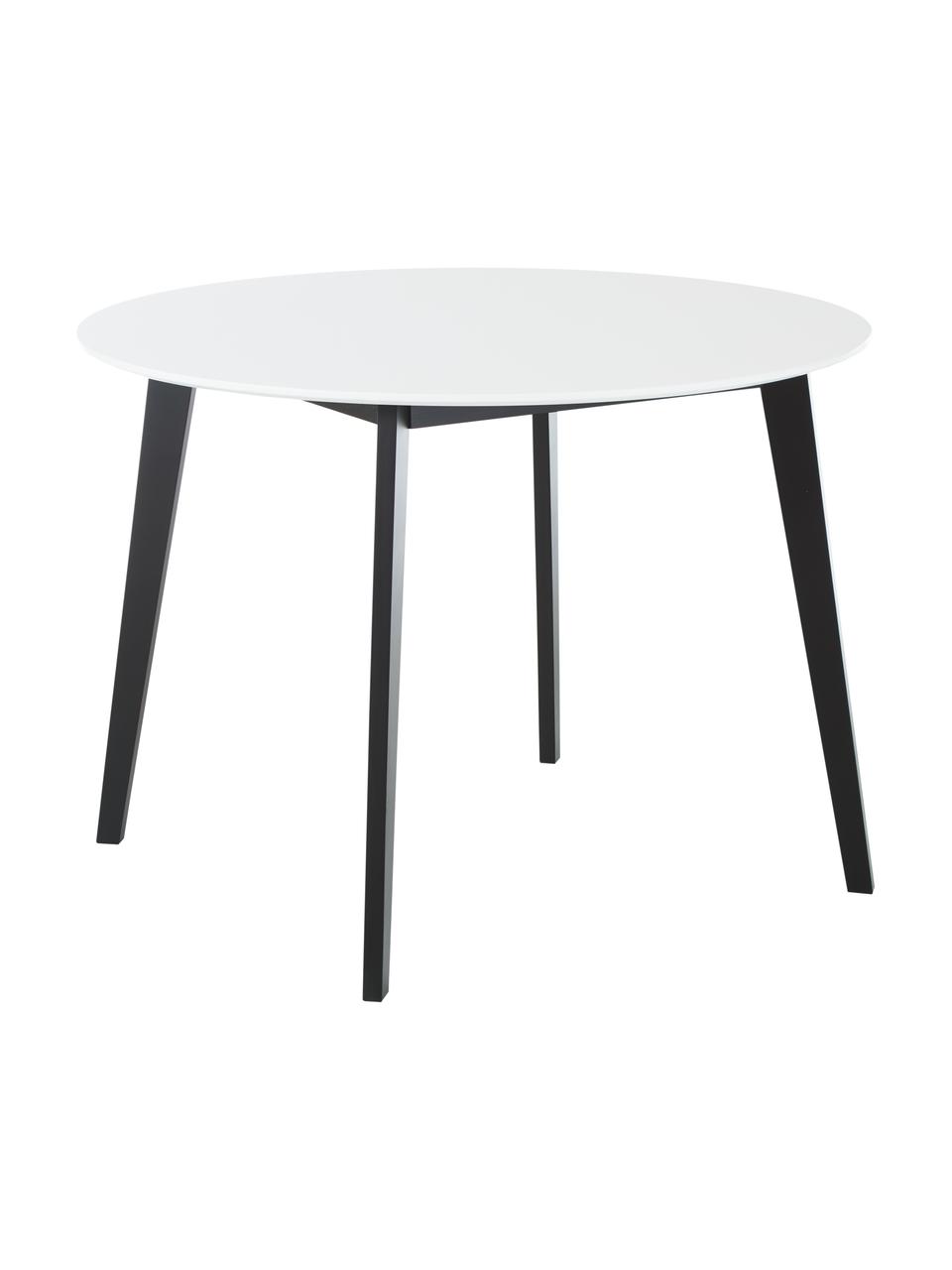 Tavolo rotondo con piano bianco Vojens, Piano d'appoggio: pannello di fibra a media, Piedini: legno di caucciù, Bianco, nero, Ø 105 x Alt. 75 cm