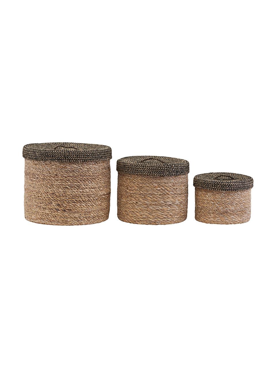 Set de cestas con tapadera Edon, 3 uds., Seagrass, yute, Marrón, negro, Set de diferentes tamaños