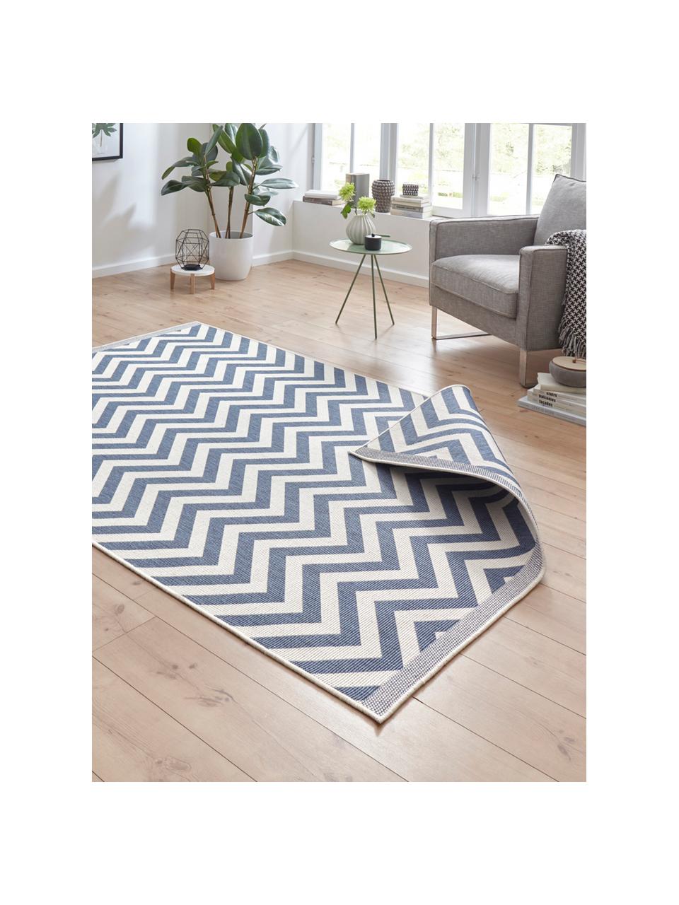 Dubbelzijdig in- & outdoor vloerkleed Palma, met zigzag patroon, Blauw, crèmekleurig, B 200 x L 290 cm (maat L)