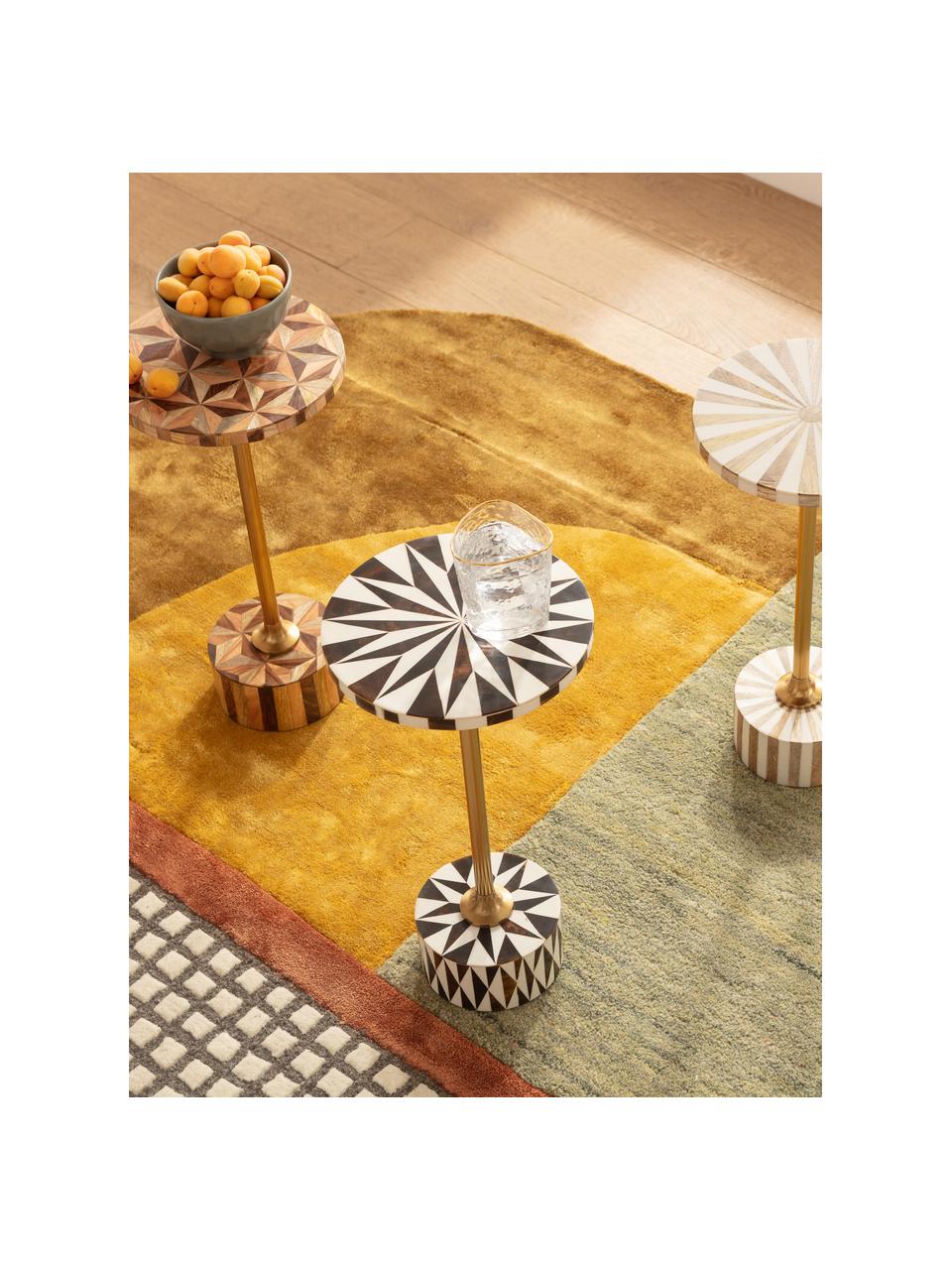 Mesa auxiliar redonda artesanal Domero, Estructura: metal recubierto, Madera barnizada oscura, Ø 25 x Al 50 cm