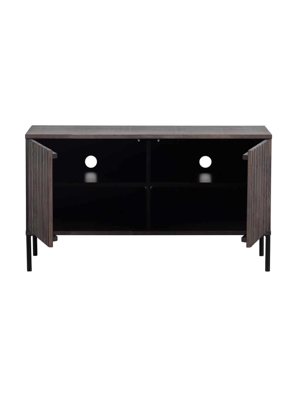 Mueble TV de madera de fresno Avourio, 2 puertas, Estructura: madera de fresno con cert, Patas: metal recubierto, Madera de fresno barnizada oscuro, An 100 x Al 56 cm