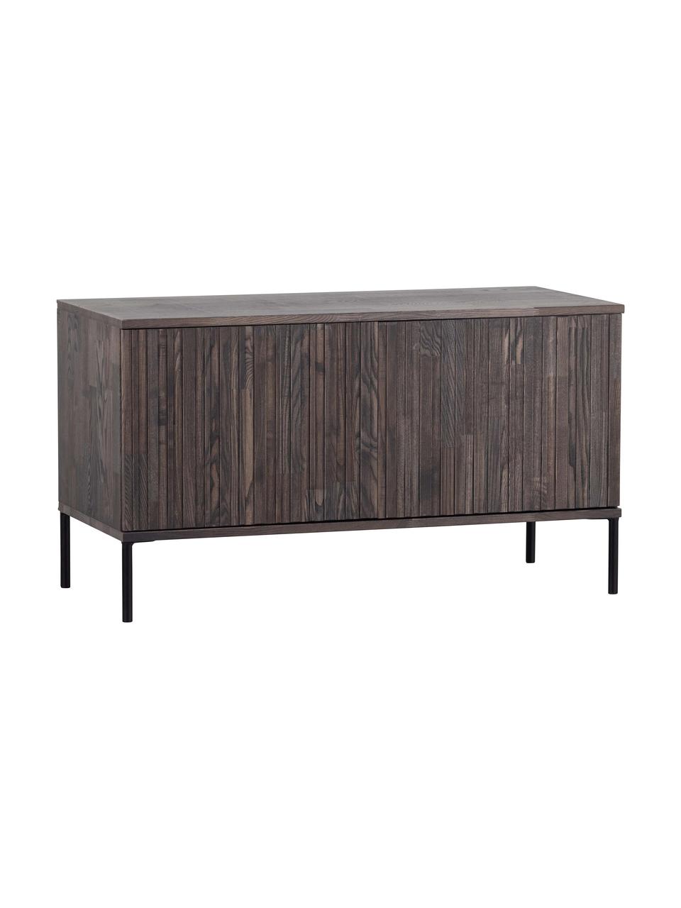 TV-Lowboard Avourio mit geriffelter Front aus Eschenholz, 2-türig, Korpus: Eschenholz, FSC-zertifizi, Füße: Metall, beschichtet, Eschenholz, dunkel lackiert, B 100 x H 56 cm