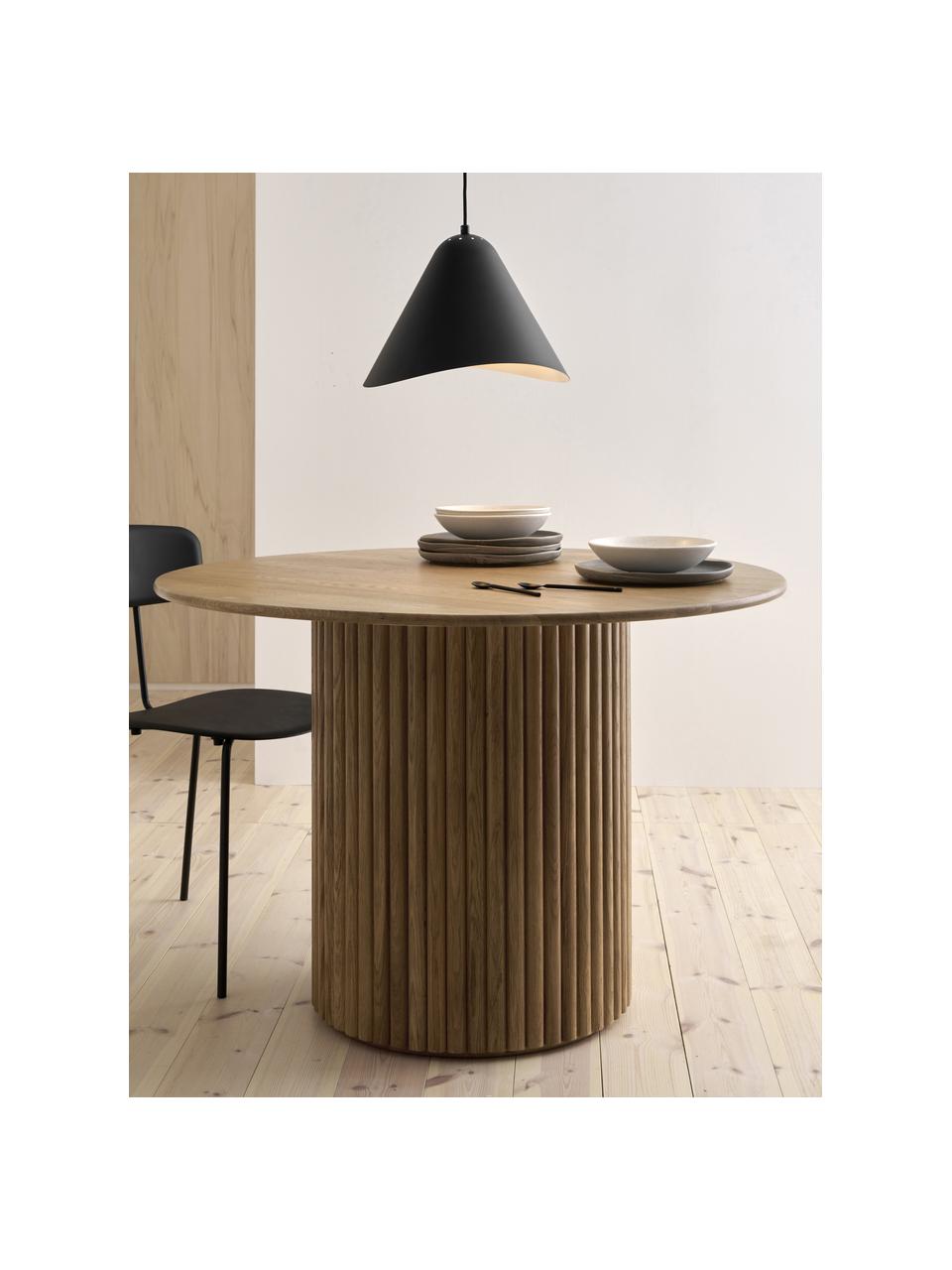 Kulatý jídelní stůl z dubového dřeva Janina, Ø 110 cm, Masivní dubové dřevo, lakovaná MDF deska (dřevovláknitá deska střední hustoty), Lakované dubové dřevo, Ø 110 cm, V 75 cm