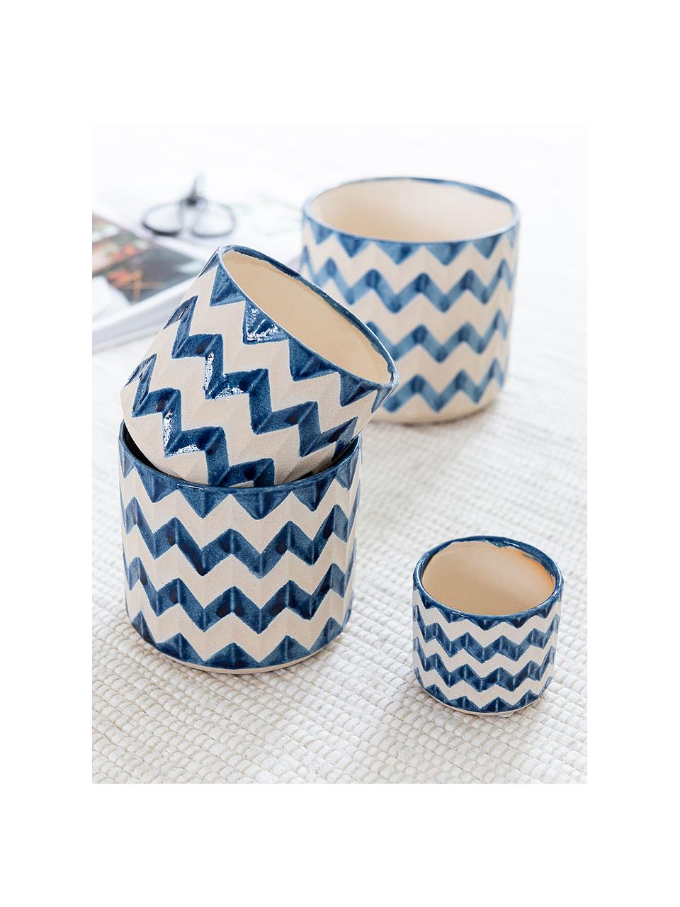 Maceta pequeña Zigzag, Cerámica, Azul, beige claro, Ø 13 x Al 11 cm