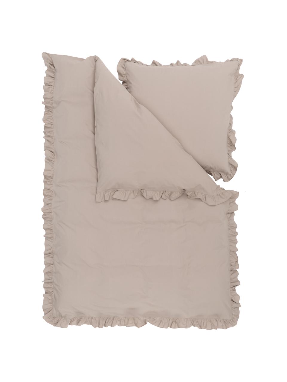 Pościel z perkalu z efektem sprania i falbanką Florence, Beżowy, 135 x 200 cm + 1 poduszka 80 x 80 cm