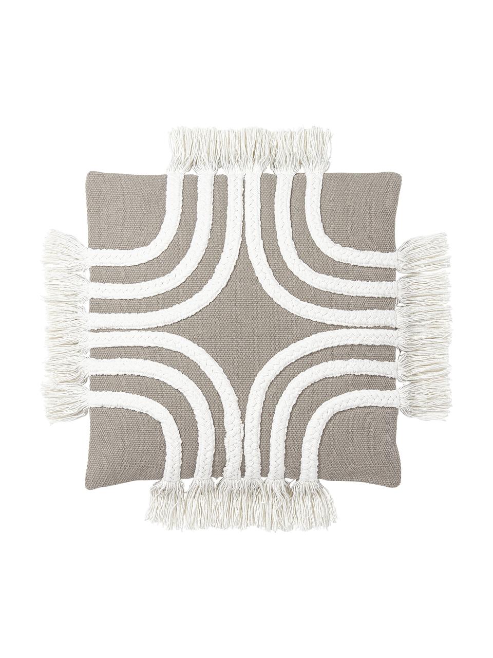Funda de cojín con tejido capitoné y flecos Inga, 100% algodón, Gris, blanco crema, An 45 x L 45 cm