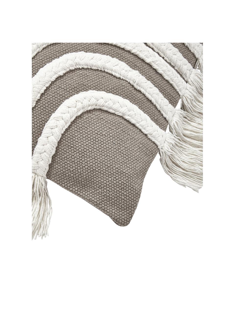 Funda de cojín con tejido capitoné y flecos Inga, 100% algodón, Gris, blanco crema, An 45 x L 45 cm